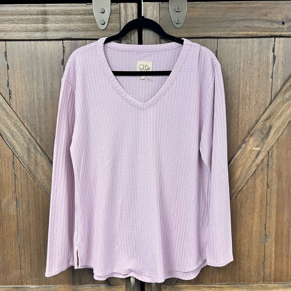 Chaser Waffle Knit Thermal Long Sleeve V-Neck Top Lilac Size XL - Picture 2 of 6